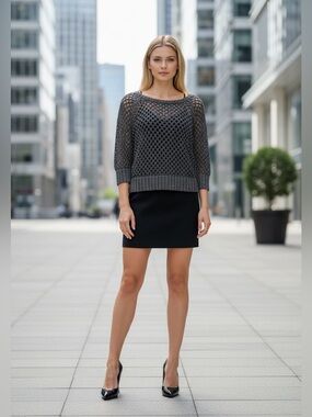 Dynamite, XS, Metallic Fishnet Knit Sweater Grey Silver Open Knit Crop Top Y2